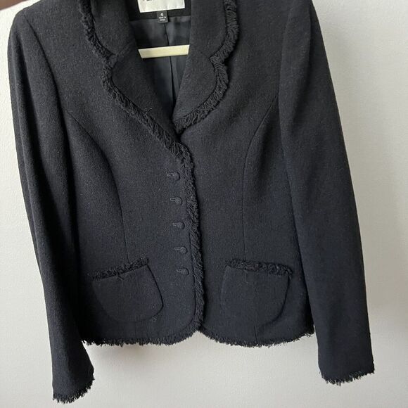 Albert Nipon Blazer Womens Size 4 Wool Blend Black Fringe Details Jacket Lined - Picture 11 of 12